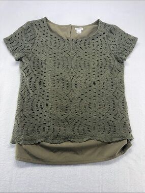 J. Crew Lace Tee Olive Green Short Sleeve Lined Top Size 0